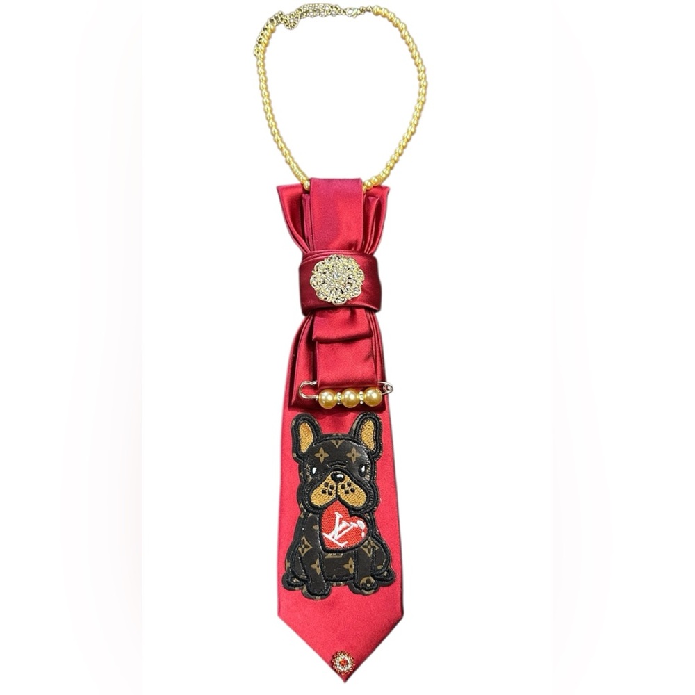 Chic Red Satin Necktie with Designer Dog